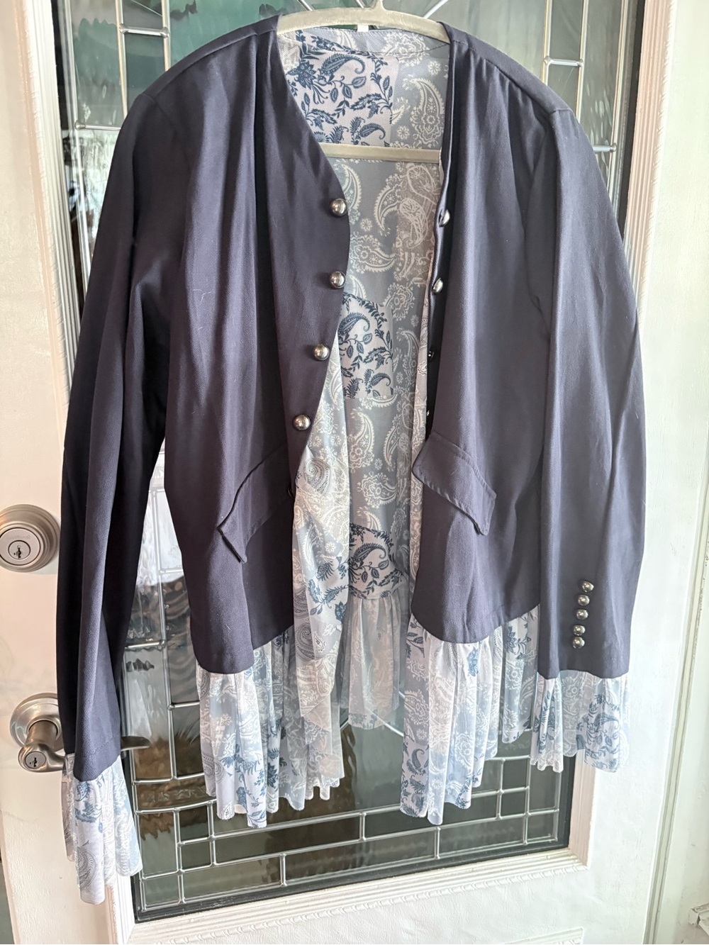 Navy Open-Front Women's Blazer with Lace-Trim Hem